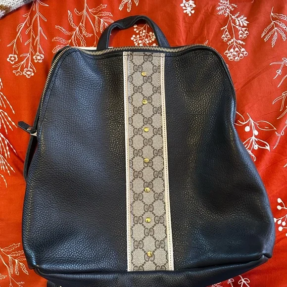 Gucci Black Leather Backpack with Monogram Stripe - Picture 1 of 9